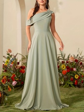 Elegant Mint Green One-Shoulder Chiffon Maxi Dress for Women - Sleeveless, Flowing Design with Ruched Detail, Perfect for Weddings, Parties, and Formal Events, Formal Event Attire|Ruched Detail Dress|Polyester Fabric