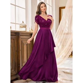 Elegant Purple Sequin Lace-Trimmed V-Neck Gown with Ruffle Sleeves and Flowing Skirt - Perfect for Formal Events, Formal Event Attire|Sequin Embellished Dress|Lace Trim Detail, Elegant Party Dress For Women, Elegant Dress For Women, Elegant Woman'S Dress