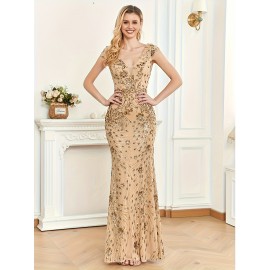 New European and Middle Eastern Style Sequined Champagne Evening Dress, Sexy Slim-Fit Mermaid Long Gown for Women