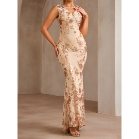 New Fashion Sequined Spliced Long Dress Elegant High-Waisted Women's Evening Gown Backless Party Dress for Banquets, Birthdays, Anniversaries, Concerts & Travel Photography