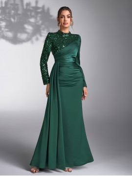 Emerald Green Sequin & Beaded Long Sleeve Bridesmaid Gown - Elegant Stand Collar Evening Dress for Weddings, Prom, Formal Events - All-Season Polyester Evening Dress for Women, Wedding Guest Attire | Sophisticated Bridesmaid Dress | Sequin Embellishments