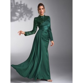 Emerald Green Sequin & Beaded Long Sleeve Bridesmaid Gown - Elegant Stand Collar Evening Dress for Weddings, Prom, Formal Events - All-Season Polyester Evening Dress for Women, Wedding Guest Attire | Sophisticated Bridesmaid Dress | Sequin Embellishments