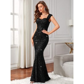 [Elegant Black Sequin] Elegant Black Sequin Heart Mermaid Evening Gown | Bodycon Dress with Zipper Back for Weddings, Galas, Graduations