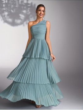 Elegant Mint Green Bridesmaid Evening Gown with Asymmetrical Neckline & Tiered Ruffled Skirt - Sleeveless A-Line Wedding Dress for Women, Perfect for Weddings and Formal Events, Dresses for Wedding Guest, Wedding Guest Attire, Sophisticated Craftsmanship