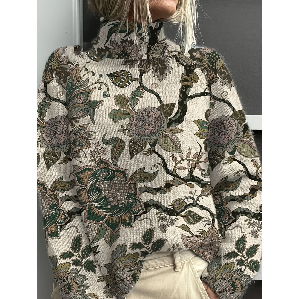 Elegant Floral Print High-Neck Sweater for Women - Chic Long Sleeve, Button-Up Front, Beige with Black & Brown Floral Design, Perfect for Fall & Winter, Autumn Winter Wear | Floral Print Top | Construction, Sweater Dress