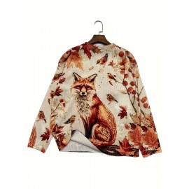 [Retro Fox Sweater] Retro 3D Fox & Birds Print Pullover Sweater | Long Sleeve Round Neck Loose Fit with Autumn Leaves Design, All-Season Casual Chic Top
