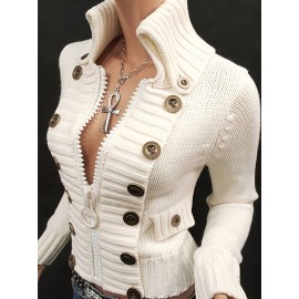 Women's Stand Collar Cardigan with Large Zipper and Button Design
