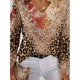 Elegant Bohemian V-Neck Long Sleeve Top for Women - Chic Floral Print, All-Season Versatile Pullover with Ruffled Sleeves, Perfect for Office, Streetwear, Home & Travel, Versatile Fashion|Vneck Top|Allseason Top