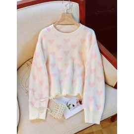 Women's Sweater - Soft Pink Heart pattern Sweater, Chic Crewneck Pullover for Everyday & Formal Outfits, All-Season Elegant Women's Sweater, Versatile Fashion, Sweet Aesthetic Top, Comfortable Fit, Durable Fabric