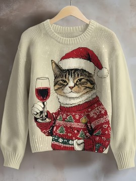 Women'S 3D Printed Cat & Wine Glass Sweater - Cozy Crew Neck, Long Sleeve, Festive Holiday Design with Santa Hat & Christmas Tree, Perfect for Fall & Winter, Holiday Sweater | Festive Cat Design | Construction, Cat Sweater