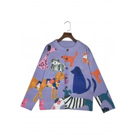 Women'S Playful Dog Print Cardigan - Young Style, 3D Printed, Polyester Knit with Button Front and Colorful Canine Design, All-Season Comfort