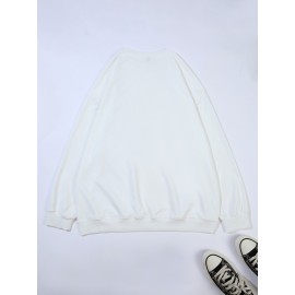 Plus Size Women's Loose Fit Long Sleeve Sweatshirt - Geometric Pattern Round Neck Casual Pullover, All-Season Soft Breathable Fabric, Machine Washable for Everyday Comfort, Comfortable Clothing, Playful Design, Easy Care Material