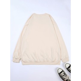 Plus Size Women's Loose Fit Long Sleeve Sweatshirt - Geometric Pattern Round Neck Casual Pullover, All-Season Soft Breathable Fabric, Machine Washable for Everyday Comfort, Comfortable Clothing, Playful Design, Easy Care Material