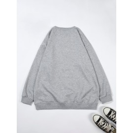 Plus Size Women's Loose Fit Long Sleeve Sweatshirt - Geometric Pattern Round Neck Casual Pullover, All-Season Soft Breathable Fabric, Machine Washable for Everyday Comfort, Comfortable Clothing, Playful Design, Easy Care Material