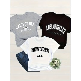 3-Pack Plus Size Letter Print T-Shirt, Short Sleeve Crew Neck Casual Top for Summer & Spring, Women'S Plus Size Clothing