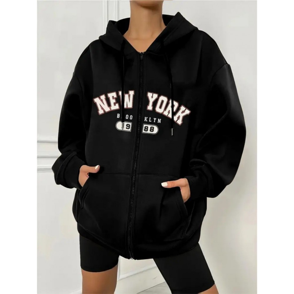 Women's Plus Size New York Graphic Hoodie - Casual Gray Zip-Up Sweatshirt with Kangaroo Pocket, Long Sleeves, and Ribbed Cuffs, Cute Hoodies