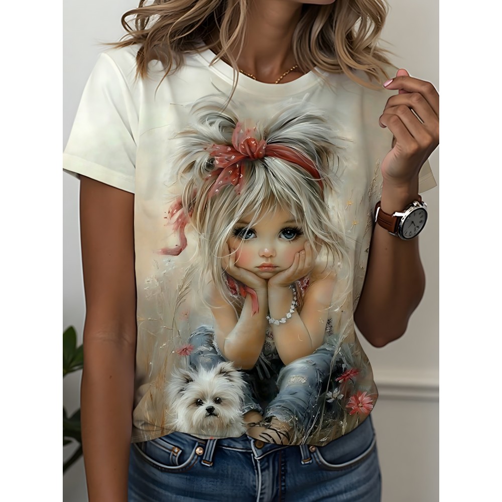 Plus Size Women's Round Neck Short Sleeve T-Shirt with Cute Little and White Dog Outdoor Pattern Print