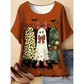 Plus Size - Plus Size - Women'S Plus Size Halloween T-Shirt - Cute Ghost & Pumpkin Print, Casual Crew Neck Short Sleeve Top, Medium Stretch, Non-Transparent, Machine Washable, Festive Summer Fashion, Halloween Apparel | Playful Print Top | Stretchy Fabric