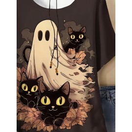 Plus Size - Plus Size - Women'S Plus Size Halloween T-Shirt - Cute Ghost & Pumpkin Print, Casual Crew Neck Short Sleeve Top, Medium Stretch, Non-Transparent, Machine Washable, Festive Summer Fashion, Halloween Apparel | Playful Print Top | Stretchy Fabric