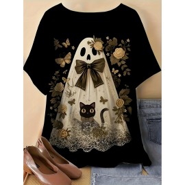 Plus Size - Plus Size - Women'S Plus Size Halloween T-Shirt - Cute Ghost & Pumpkin Print, Casual Crew Neck Short Sleeve Top, Medium Stretch, Non-Transparent, Machine Washable, Festive Summer Fashion, Halloween Apparel | Playful Print Top | Stretchy Fabric