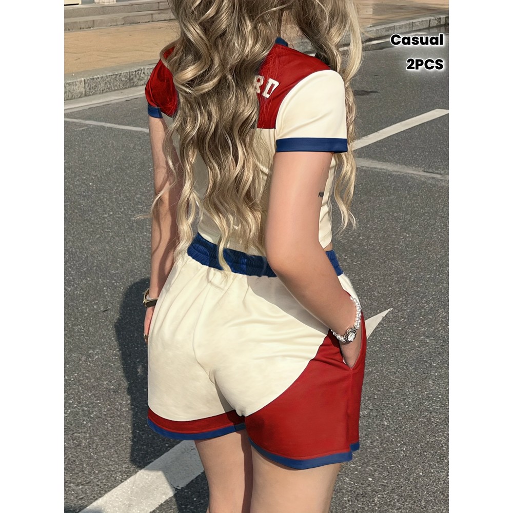 2pcs Campus Style s Set, Women'S Short Sleeve + Shorts, Red and Blue Contrast Number Print No. 33, Summer Casual Outfit