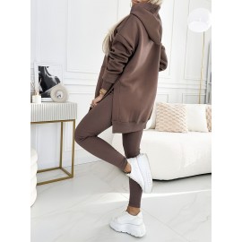 Women'S Elegant Long Sleeve Hoodie & Leggings Set - Cozy Brown Pullover with Drawstring Hood, Slim Fit Pants, Perfect for Fall/Winter, Casual Wear, Casual Wear|Sleek Fitted Top|Stretchy Fabric