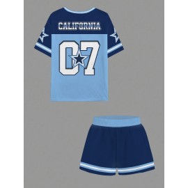 [Women's Blue Shorts Set] 2pcs Women's Blue y Shorts Set with Breathable Mesh Design, Loose Fit American Digital Print for a Look, Perfect for Summer