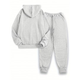 Women's Casual Butterfly Pattern Knit Polyester Two-Piece Set with Hooded Long Sleeve Hoodie and Regular Fit Pants with Pockets