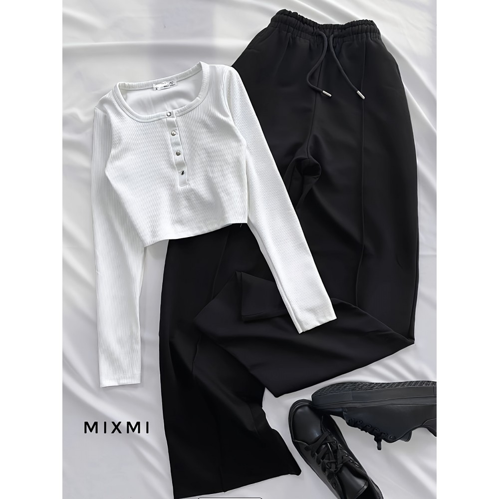 Casual Stretch Slim Fit Crew Neck Button Pullover T-Shirt + Elastic Waist Wide Leg Pants Long Set