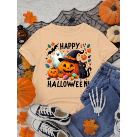 Halloween Women'S Plus Size T-Shirt - Spooky Pumpkin & Cat Graphic, Short Sleeve, Round Neck, Stretchy Polyester Blend, Casual & Elegant Style for Spring/Summer/Fall, Fall Fashion Top | Halloween Apparel | Stretchy Fabric