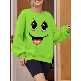 Plus Size Women's Loose Fit Long Sleeve Sweatshirt - Geometric Pattern Round Neck Casual Pullover, All-Season Soft Breathable Fabric, Machine Washable for Everyday Comfort, Comfortable Clothing, Playful Design, Easy Care Material