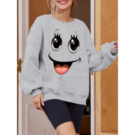 Plus Size Women's Loose Fit Long Sleeve Sweatshirt - Geometric Pattern Round Neck Casual Pullover, All-Season Soft Breathable Fabric, Machine Washable for Everyday Comfort, Comfortable Clothing, Playful Design, Easy Care Material