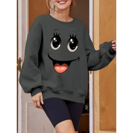 Plus Size Women's Loose Fit Long Sleeve Sweatshirt - Geometric Pattern Round Neck Casual Pullover, All-Season Soft Breathable Fabric, Machine Washable for Everyday Comfort, Comfortable Clothing, Playful Design, Easy Care Material