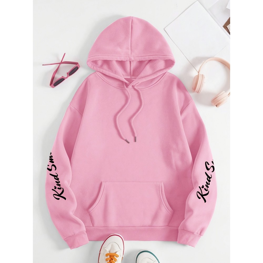 Plus Size smiling face Print Hoodie, Casual Fashion Sweatshirt, Hooded Pocket Drawstring Sweatshirt for Fall & Winter, Women's Clothing