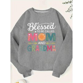 [Mom & Grandma Sweatshirt] 100% Polyester Blessed to be Called Mom & Grandma Women's Plus Size Casual Sweatshirt - Vibrant Green Geometric Print, Machine Washable, Autumn Winter Warmth, Family Gift Idea, Graphic Crewneck Top