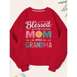 [Mom & Grandma Sweatshirt] 100% Polyester Blessed to be Called Mom & Grandma Women's Plus Size Casual Sweatshirt - Vibrant Green Geometric Print, Machine Washable, Autumn Winter Warmth, Family Gift Idea, Graphic Crewneck Top